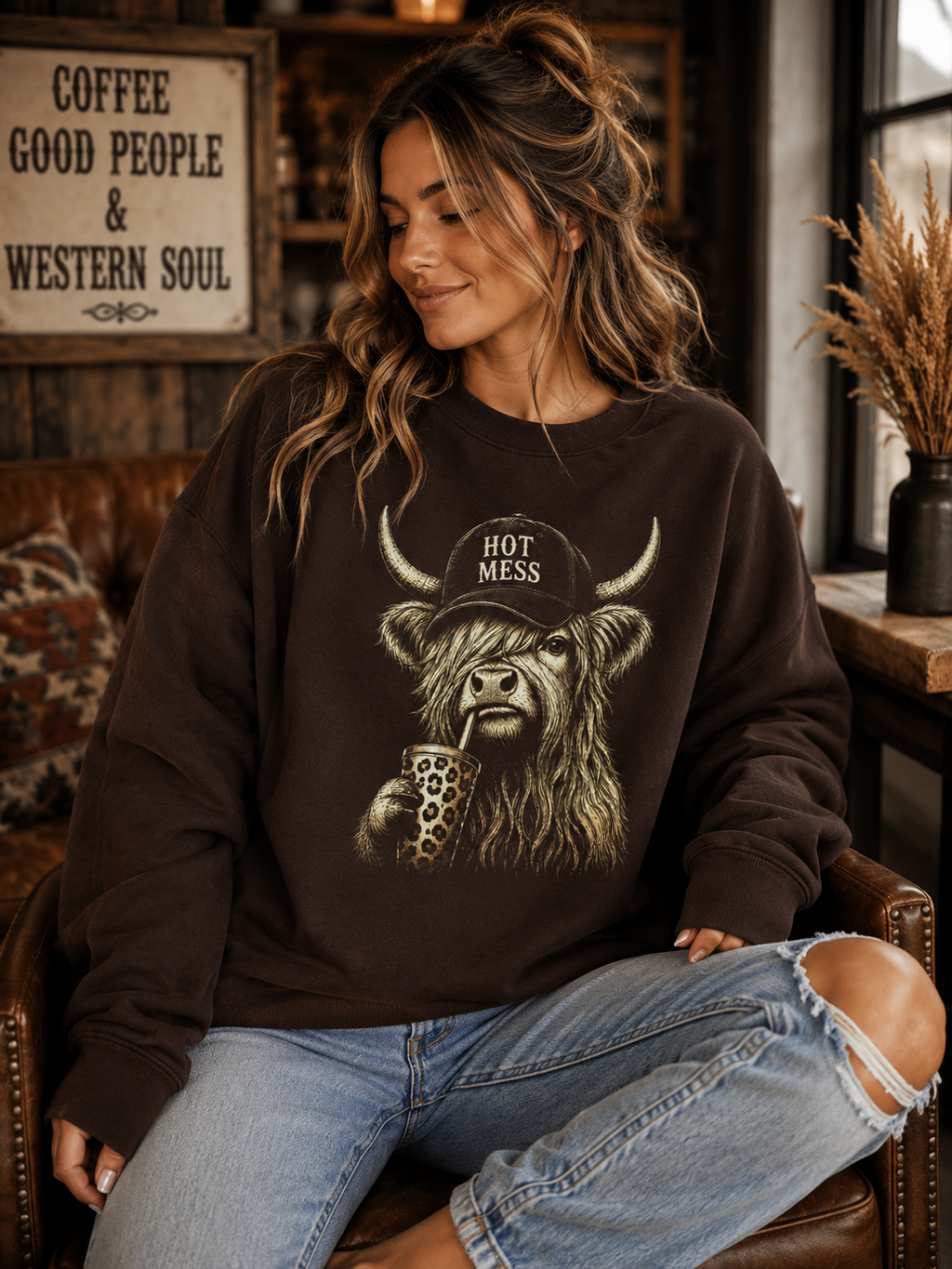 Highland Cow Hot Mess Coffee Graphic Crew Sweatshirt