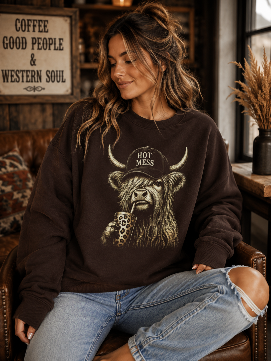Highland Cow Hot Mess Coffee Graphic Crew Sweatshirt