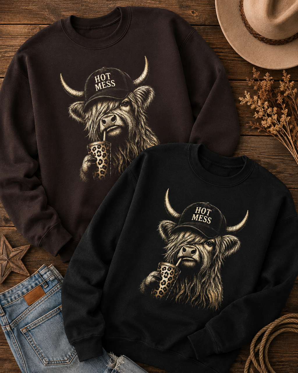 Highland Cow Hot Mess Coffee Graphic Crew Sweatshirt
