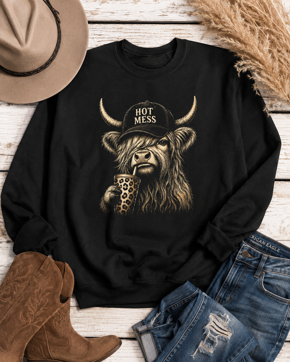 Highland Cow Hot Mess Coffee Graphic Crew Sweatshirt