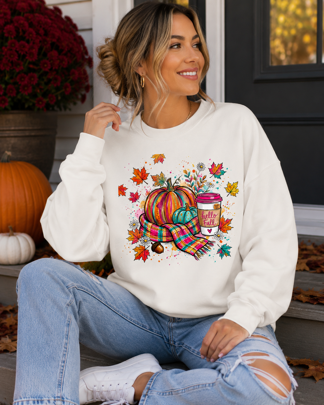 Colorful Hello Fall Graphic Crewneck Sweatshirt