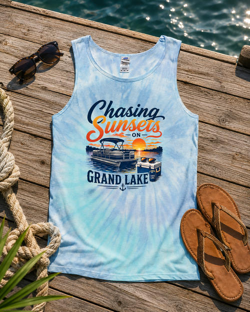 Chasing Sunsets on Grand Lake Tie Dye Tank