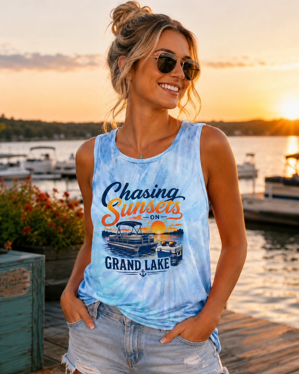 Chasing Sunsets on Grand Lake Tie Dye Tank