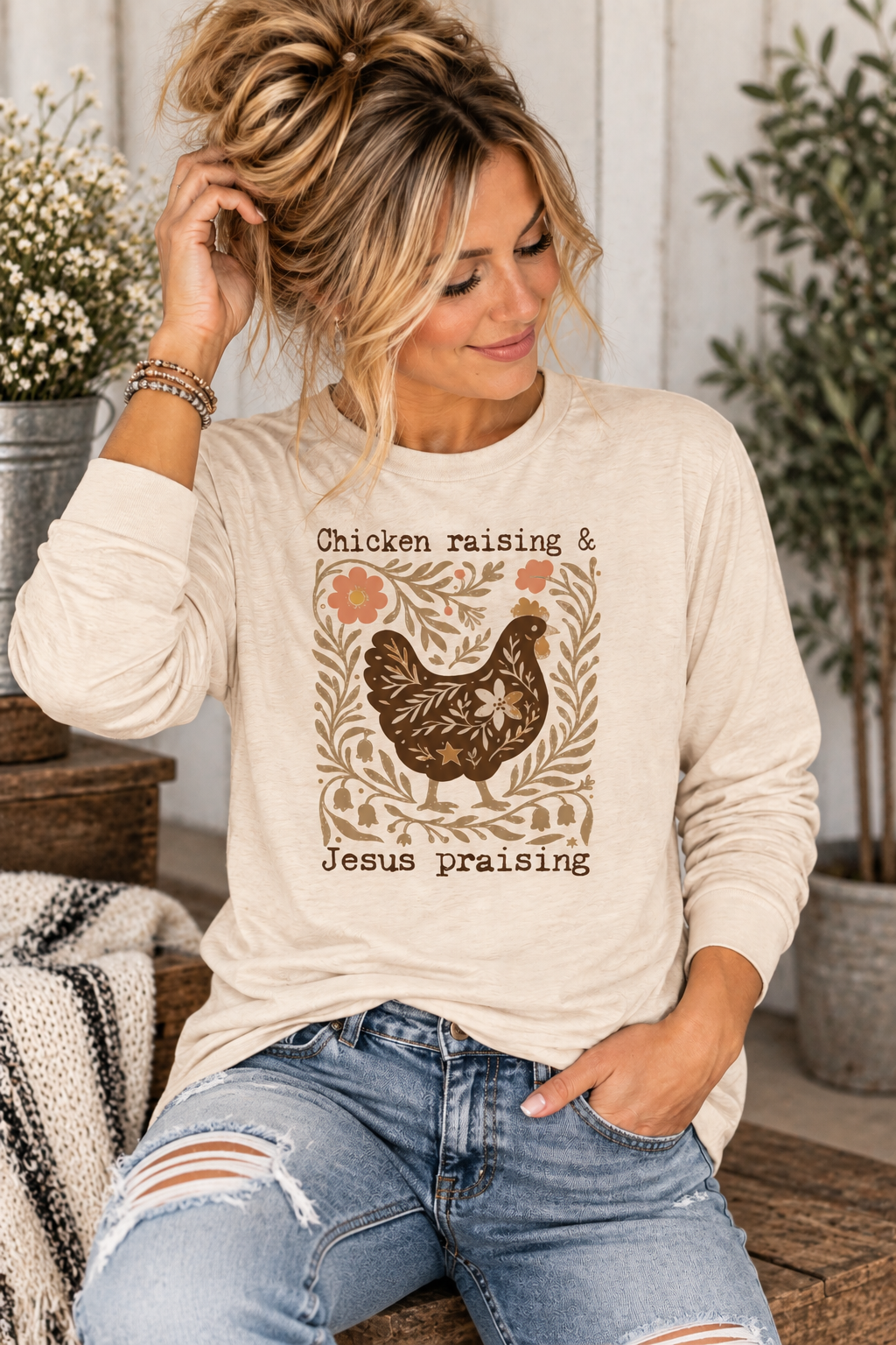 Chicken Raising & Jesus Praising Long Sleeve Graphic Top (Copy)