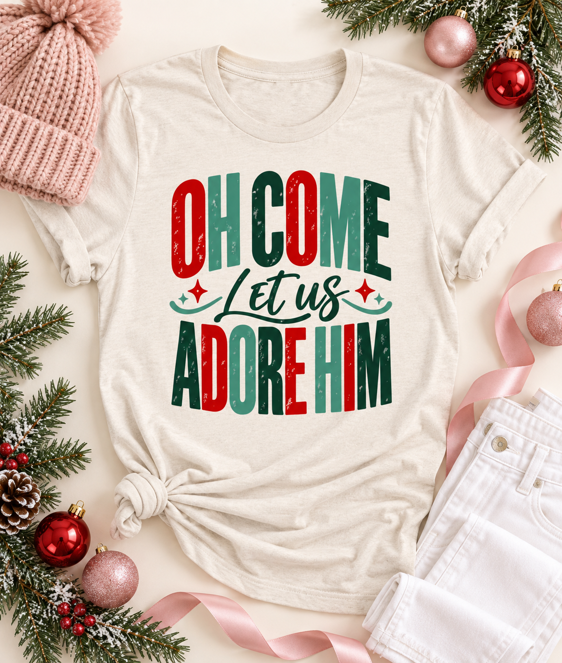 Colorful Oh Come Let Us Adore Him Bella Canvas Graphic Tee