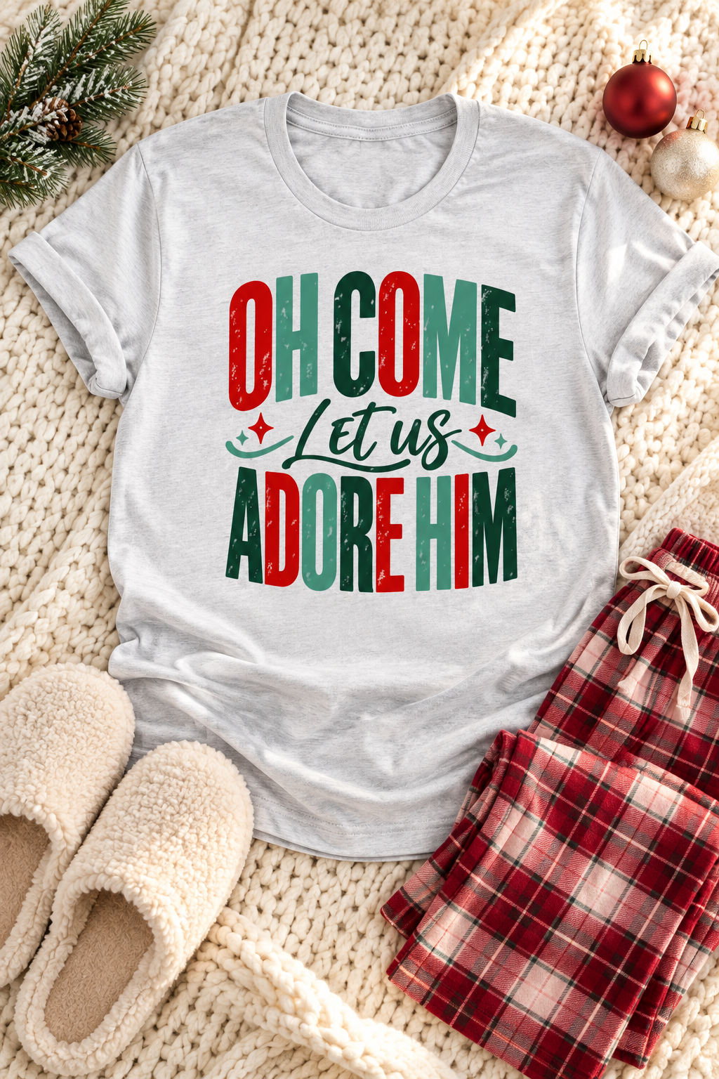 Colorful Oh Come Let Us Adore Him Bella Canvas Graphic Tee