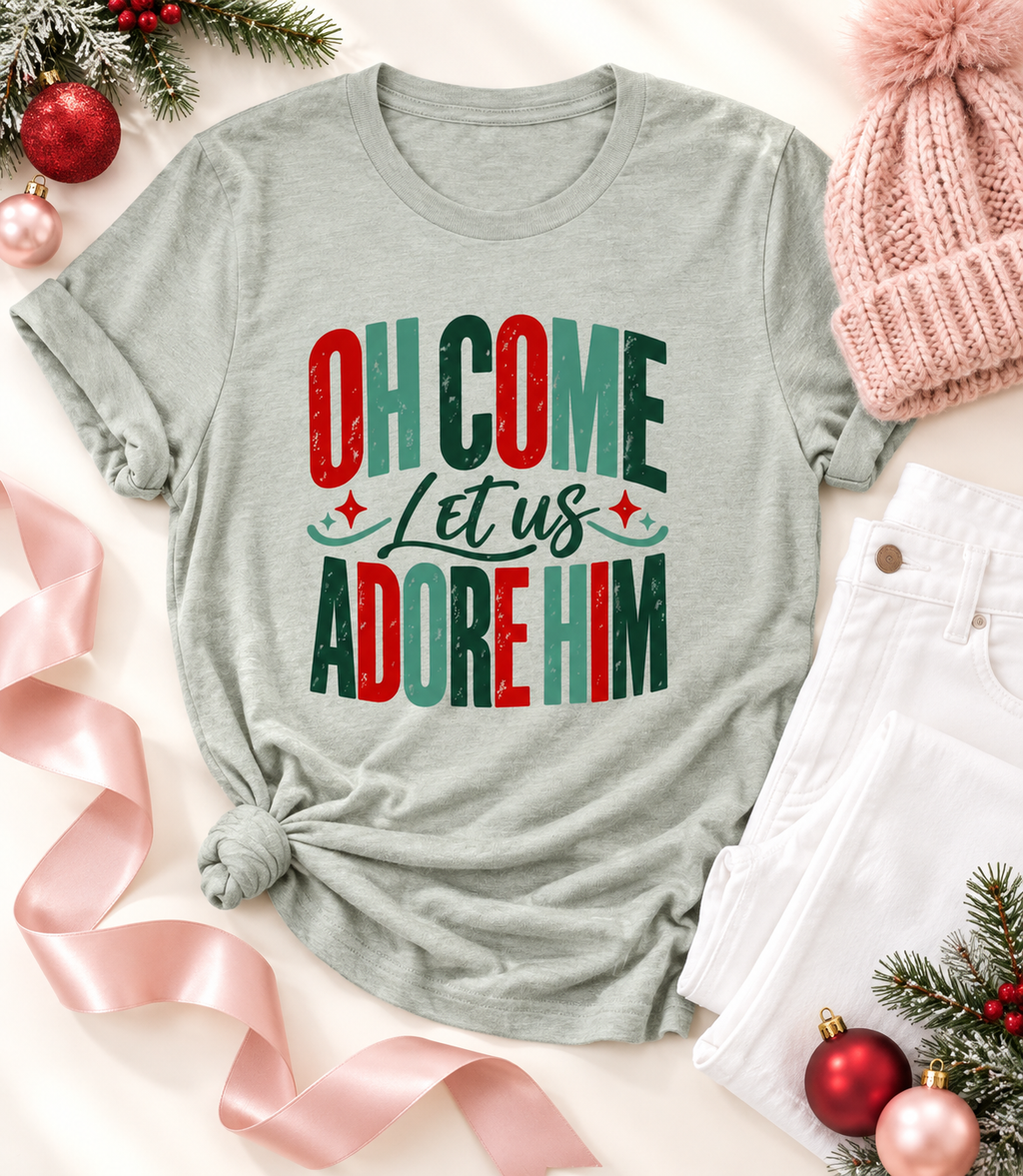 Colorful Oh Come Let Us Adore Him Bella Canvas Graphic Tee