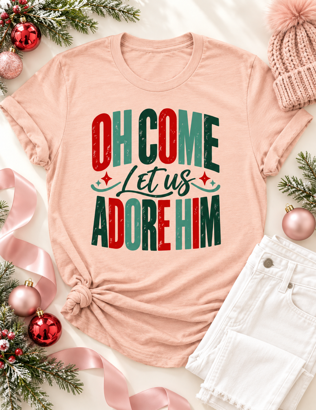 Colorful Oh Come Let Us Adore Him Bella Canvas Graphic Tee