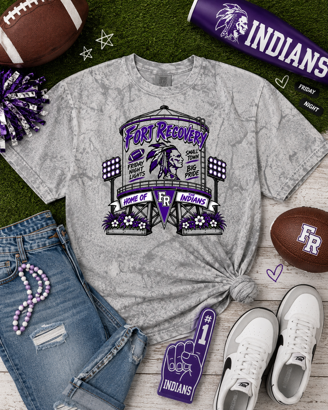 Fort Recovery Indians Water Tower Graphic Colorblast Comfort Color Tee