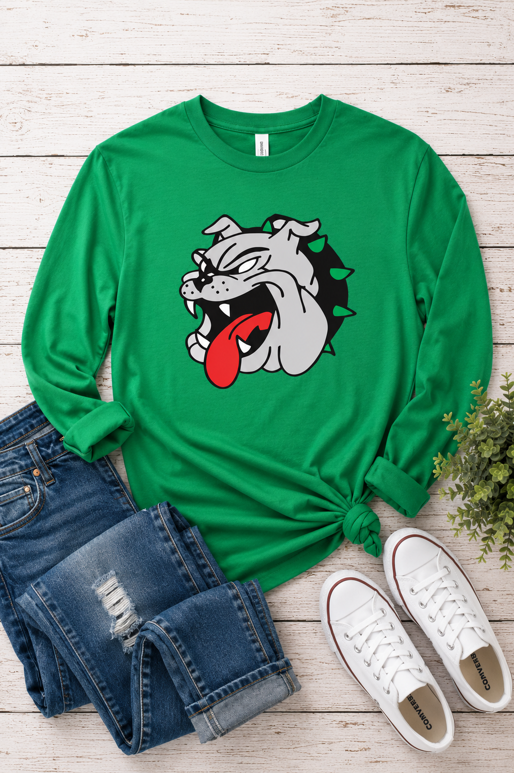 Bulldog Face Crewneck Long Sleeve Tee Shirt