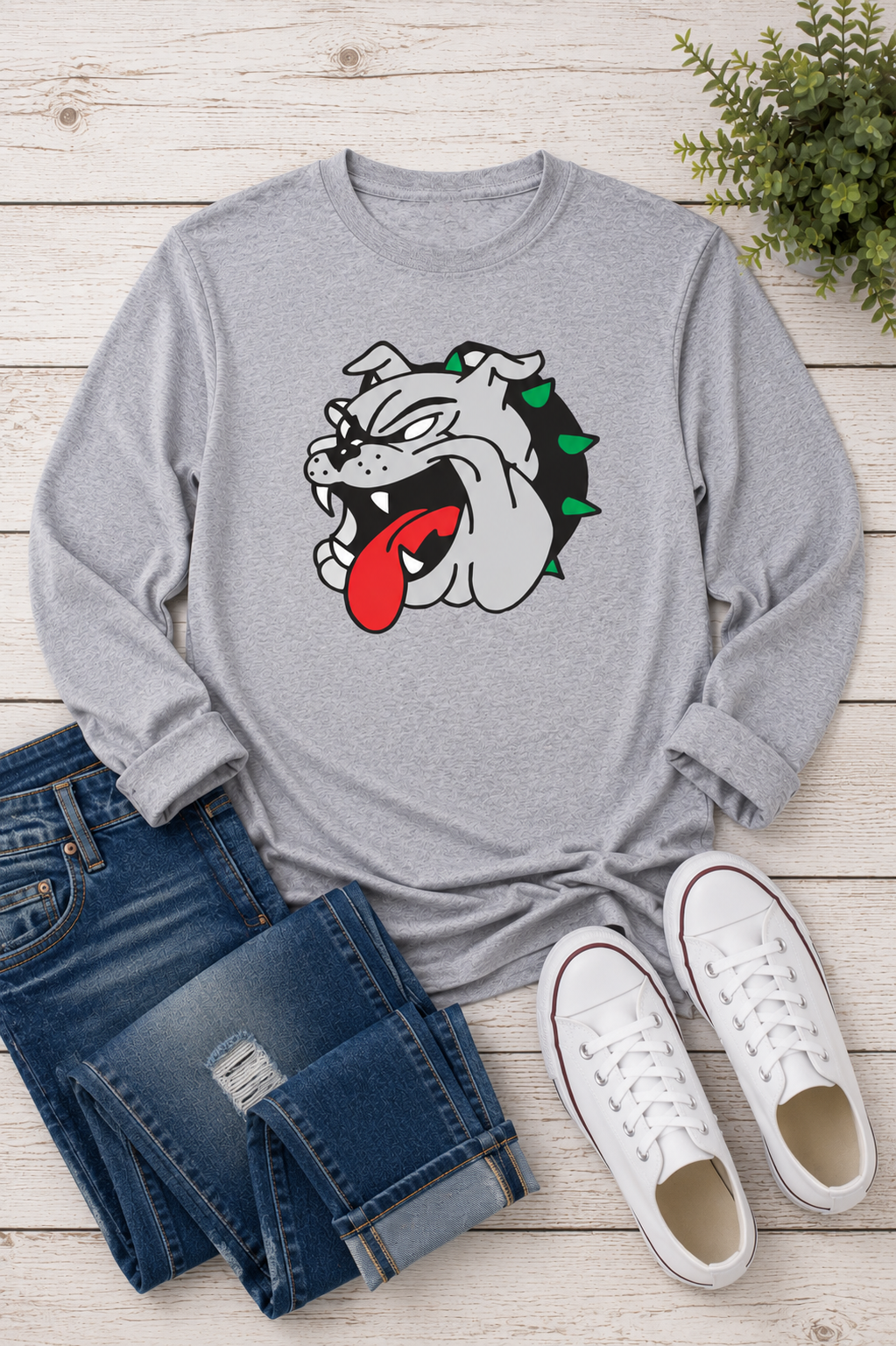 Bulldog Face Crewneck Long Sleeve Tee Shirt