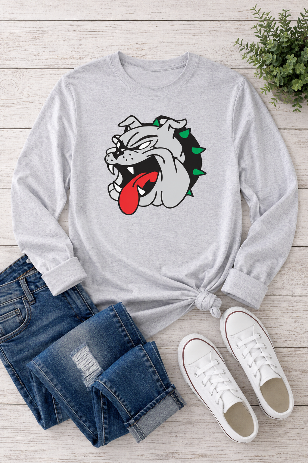 Bulldog Face Crewneck Long Sleeve Tee Shirt