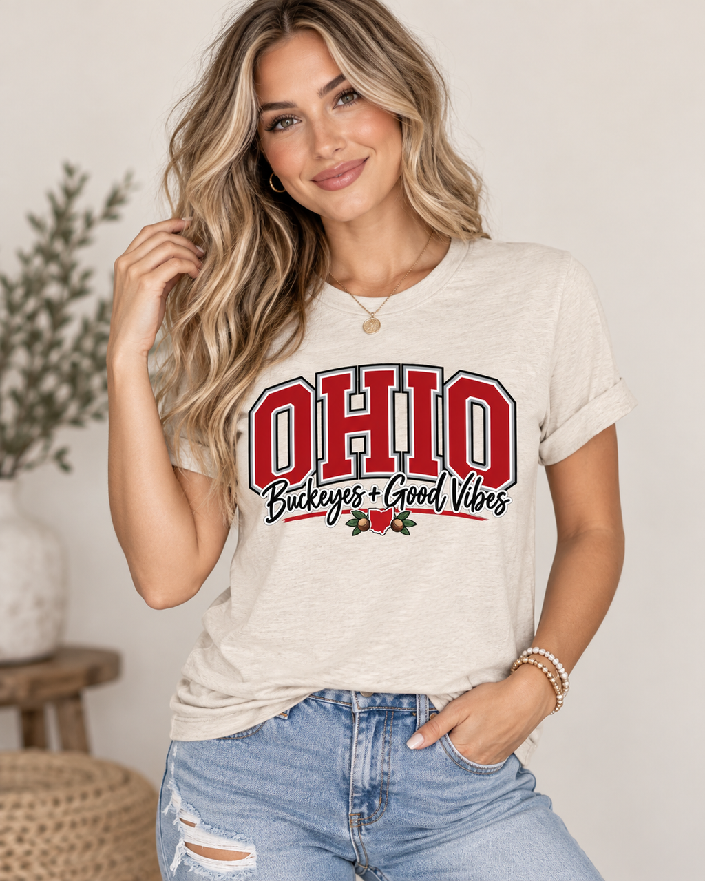 Ohio Buckeyes & Good Vibes Crewneck Tee Shirt