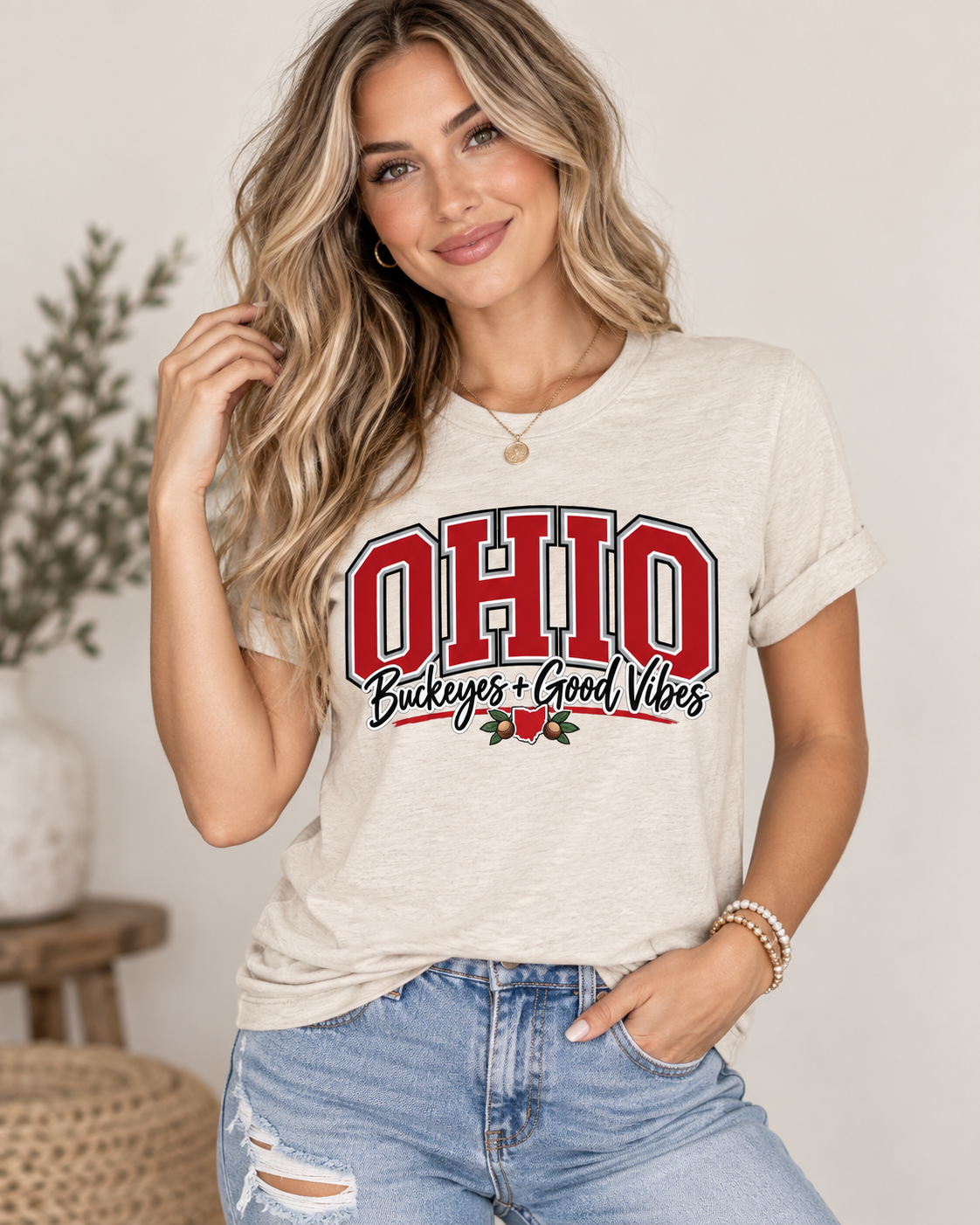 Ohio Buckeyes & Good Vibes Crewneck Tee Shirt