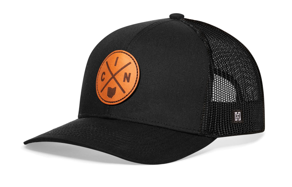 Cincinnati Trucker Hat Leather  |  Black CIN X Snapback