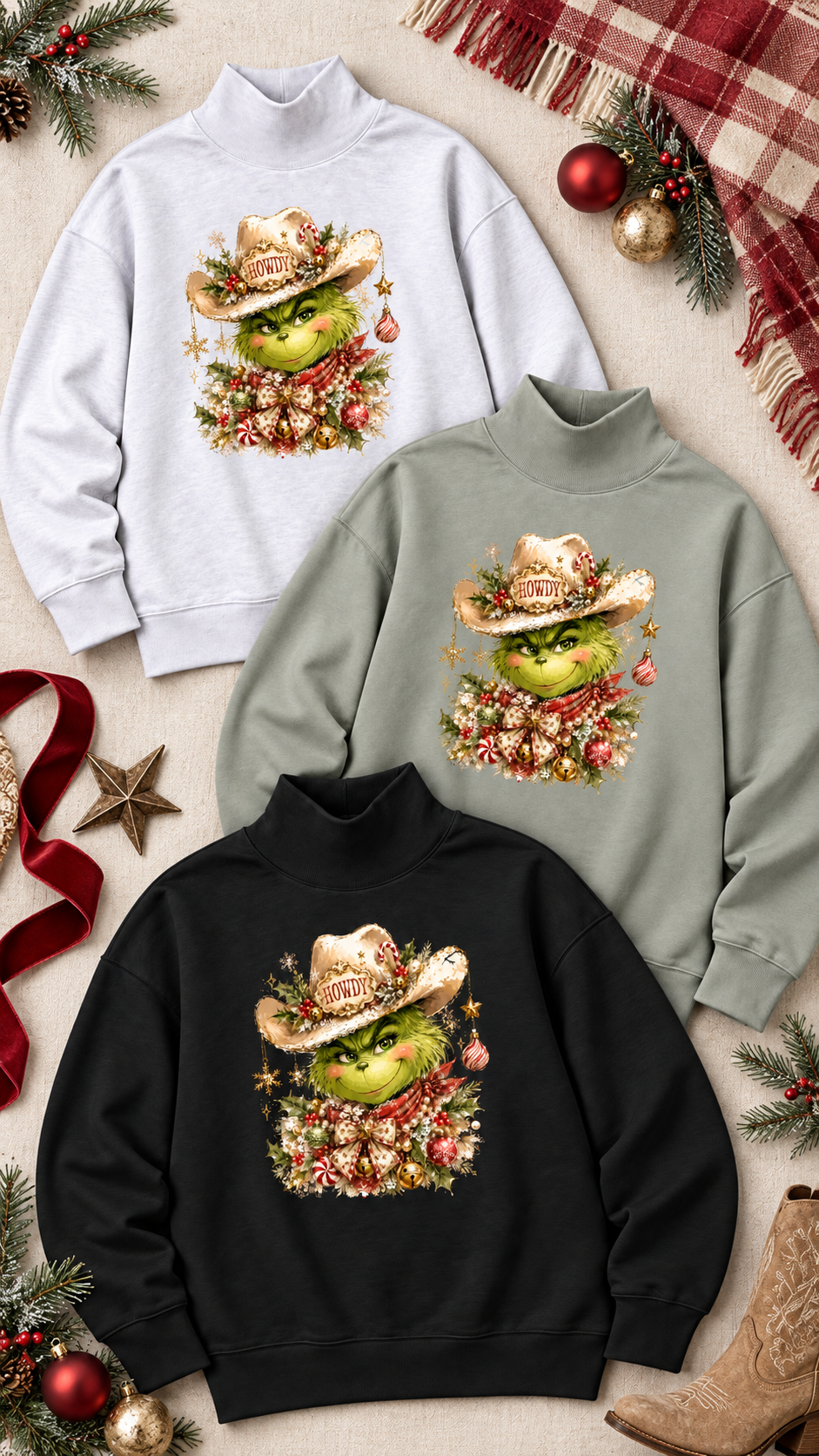 Howdy Cowboy Grinch Graphic Print Mock Sweatshirt