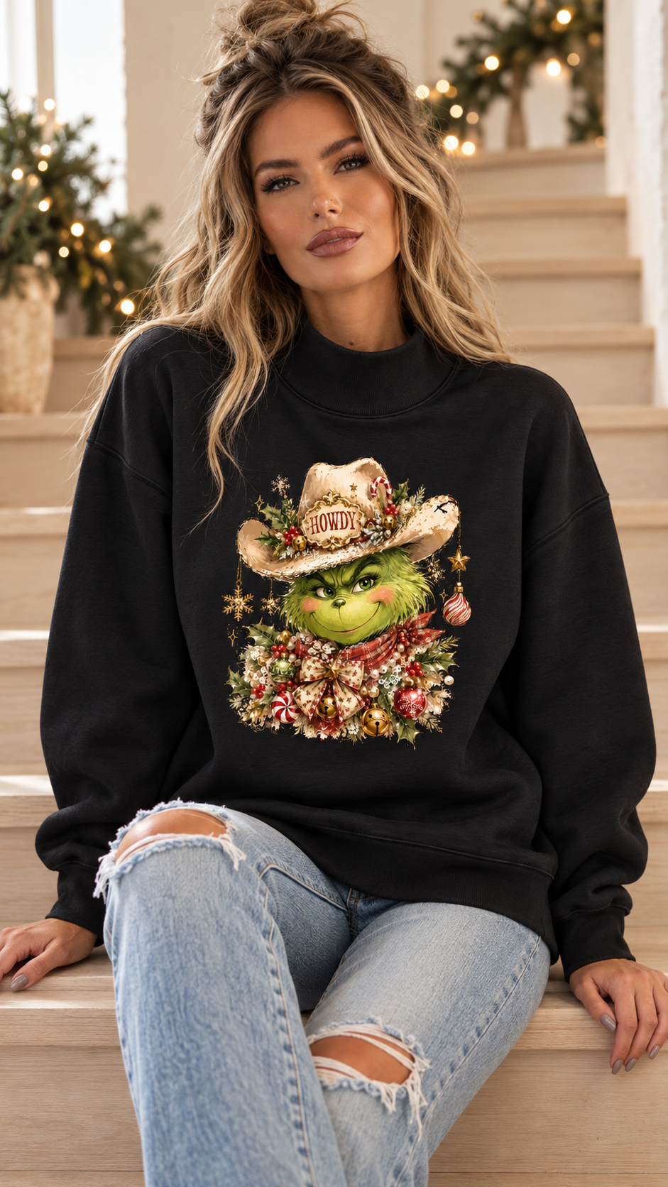 Howdy Cowboy Grinch Graphic Print Mock Sweatshirt
