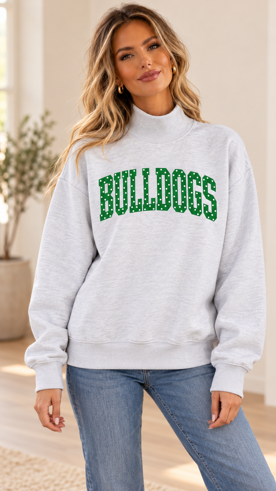 Polka Dots Bulldogs Graphic Print Mock Neck Sweatshirt