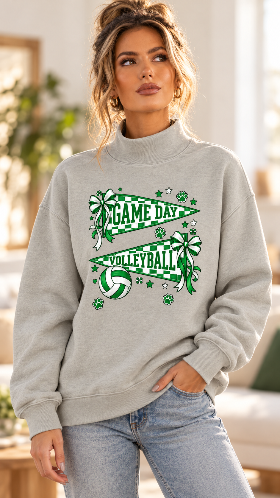 Game Day Volleyball Graphic Print Mock Neck Sweatshirt