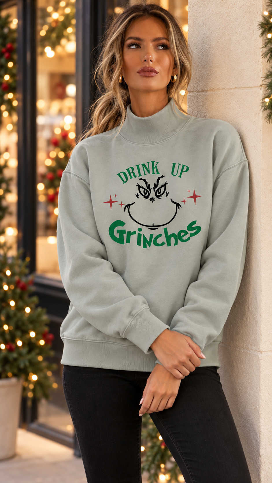 Drink Up Grinches Graphic Print Mock Neck Sweatshirt