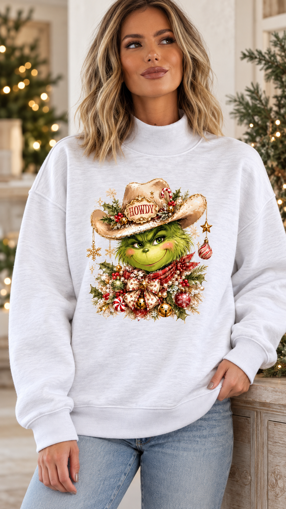 Howdy Cowboy Grinch Graphic Print Mock Sweatshirt