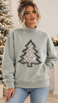 Sage oversized mock neck sweatshirt with printed leopard Christmas tree graphic
